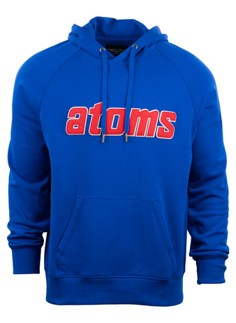 The EFF Sankei Atoms French Terry Script Hooded Sweatshirt features bright blue fabric, a front pocket, drawstrings, and bold red and white atoms lettering—channeling Japan’s Central League style.