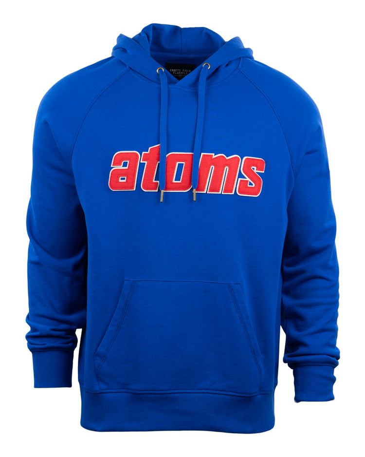 The EFF Sankei Atoms French Terry Script Hooded Sweatshirt features bright blue fabric, a front pocket, drawstrings, and bold red and white atoms lettering—channeling Japan’s Central League style.