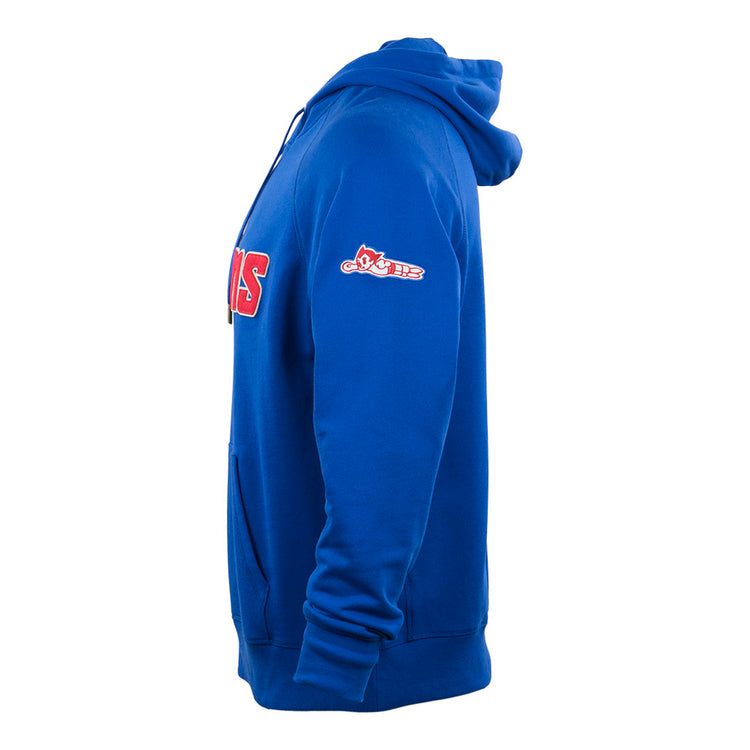 The EFF Sankei Atoms French Terry Script Hooded Sweatshirt in royal blue features a side view with a pocket, hood, red and white Japanese Central League-inspired chest text, and a small Wings logo on the sleeve.