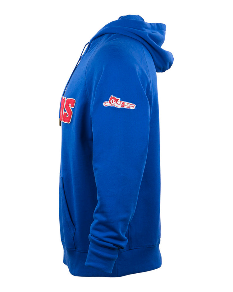 The EFF Sankei Atoms French Terry Script Hooded Sweatshirt in royal blue features a side view with a pocket, hood, red and white Japanese Central League-inspired chest text, and a small Wings logo on the sleeve.