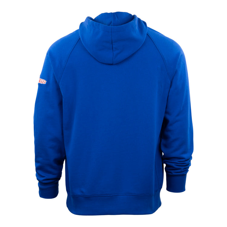 The EFF Sankei Atoms French Terry Script Hooded Sweatshirt in royal blue is shown from the back, featuring long sleeves, ribbed cuffs, a small patch on the left sleeve, and a plain back with no visible designs.