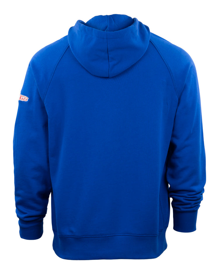 The EFF Sankei Atoms French Terry Script Hooded Sweatshirt in royal blue is shown from the back, featuring long sleeves, ribbed cuffs, a small patch on the left sleeve, and a plain back with no visible designs.