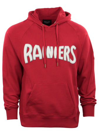 The EFF Seattle Rainiers French Terry Script Hooded Sweatshirt features a front pocket and bold white RAINIERS lettering—a stylish nod to the classic baseball era.