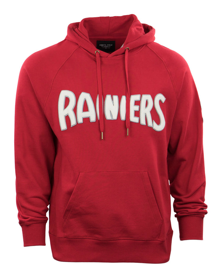 The EFF Seattle Rainiers French Terry Script Hooded Sweatshirt features a front pocket and bold white RAINIERS lettering—a stylish nod to the classic baseball era.