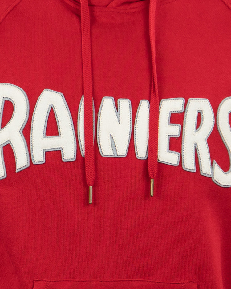 The EFF Seattle Rainiers French Terry Script Hooded Sweatshirt features bold white RAINERS lettering and red drawstrings—a must-have for any fan or those nostalgic for Sicks Stadium history.