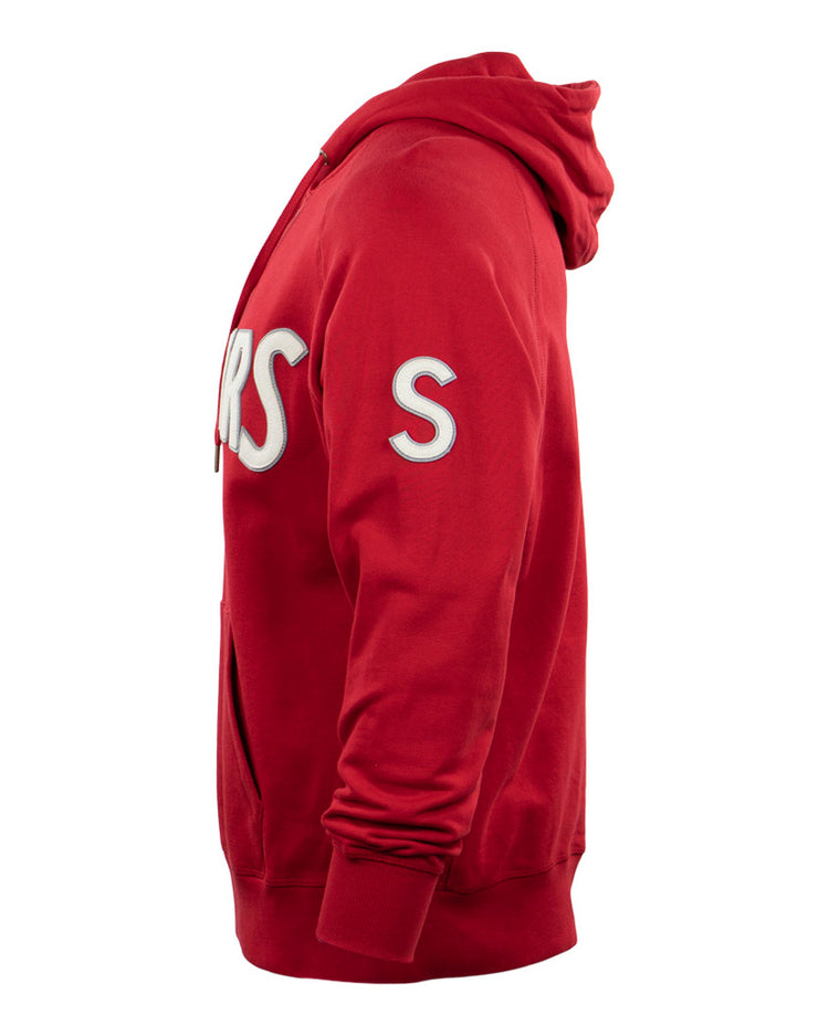 Side view of the Seattle Rainiers French Terry Script Hooded Sweatshirt by EFF in red, featuring white S and partial RS lettering on the front and sleeve, shown against a white background.
