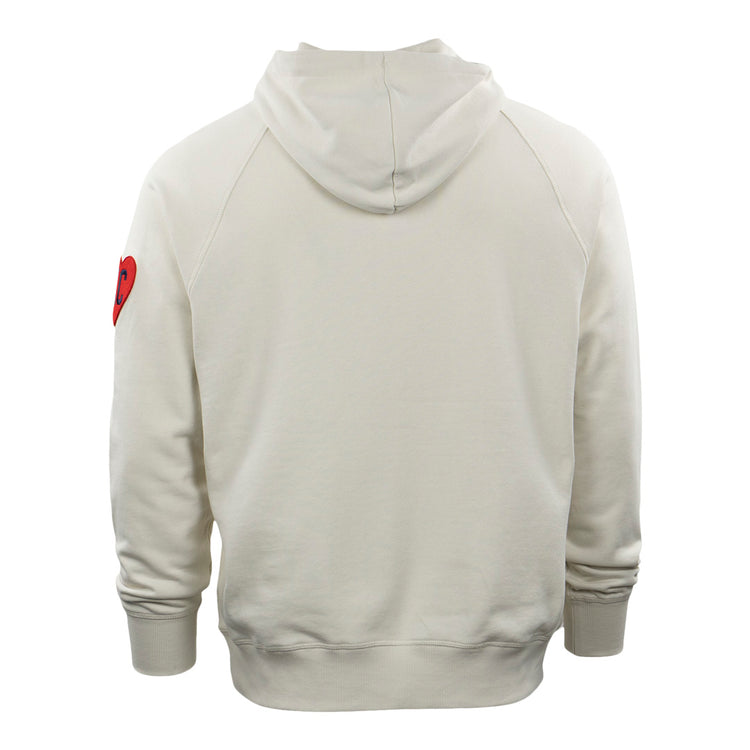 The EFF Kansas City Monarchs French Terry Script Hooded Sweatshirt features a plain off-white back and a small red heart patch on the upper left sleeve, subtly honoring classic Monarchs style.