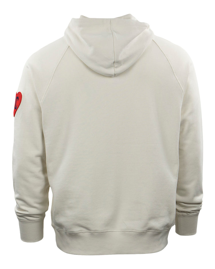 The EFF Kansas City Monarchs French Terry Script Hooded Sweatshirt features a plain off-white back and a small red heart patch on the upper left sleeve, subtly honoring classic Monarchs style.