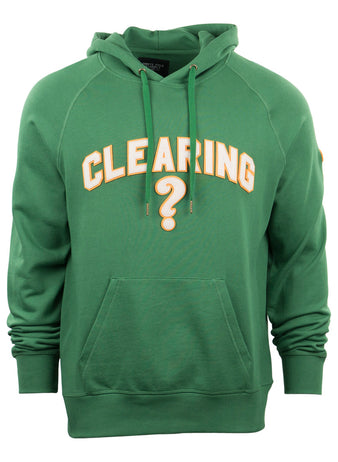 The Clearing Question Marks French Terry Script Hooded Sweatshirt by EFF is a green hoodie with a front pocket, hood, “CLEARING” in bold yellow and white letters across the chest, and a large yellow question mark below.