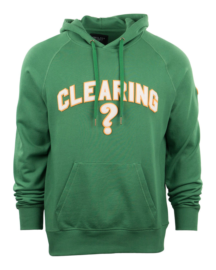 The Clearing Question Marks French Terry Script Hooded Sweatshirt by EFF is a green hoodie with a front pocket, hood, “CLEARING” in bold yellow and white letters across the chest, and a large yellow question mark below.