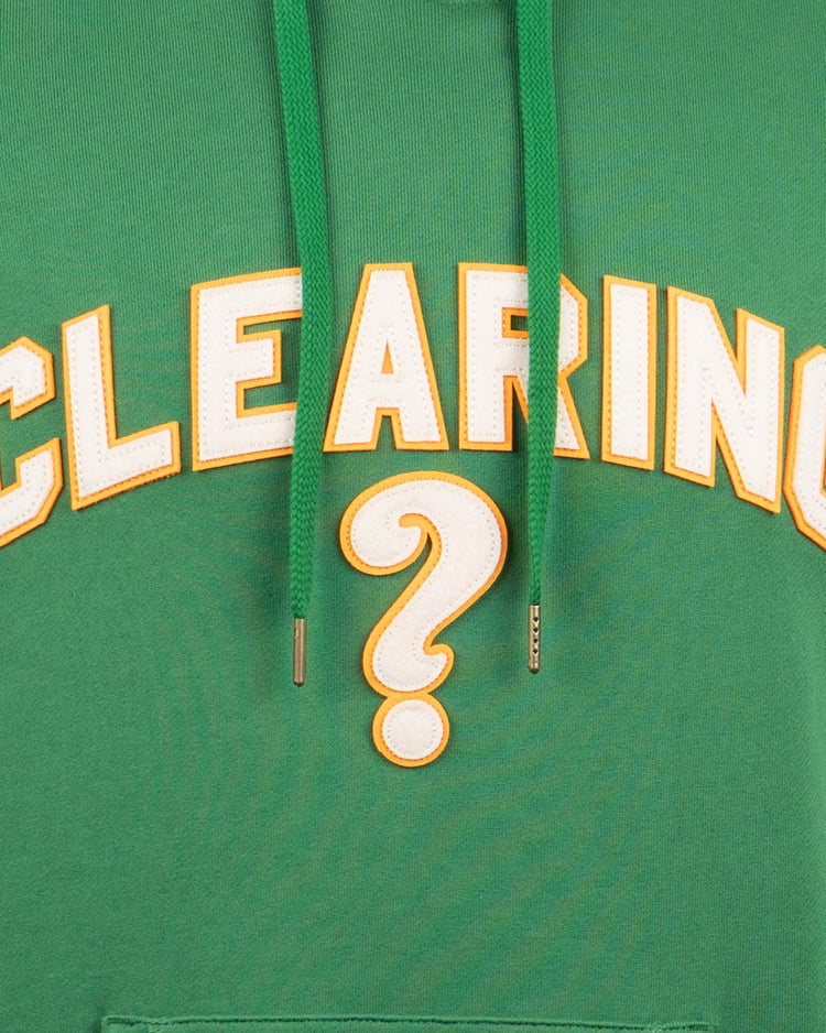 The EFF Clearing Question Marks French Terry Script Hooded Sweatshirt features CLEARING in white and yellow outlined letters across the chest and a large question mark below. Only the upper part of the hoodie is visible.