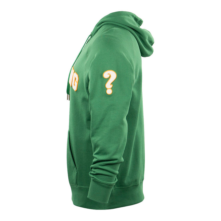 The EFF Clearing Question Marks French Terry Script Hooded Sweatshirt is green with a side view, featuring a yellow and white question mark on the sleeve and partial yellow script on the chest—ideal for Clearing softball fans.