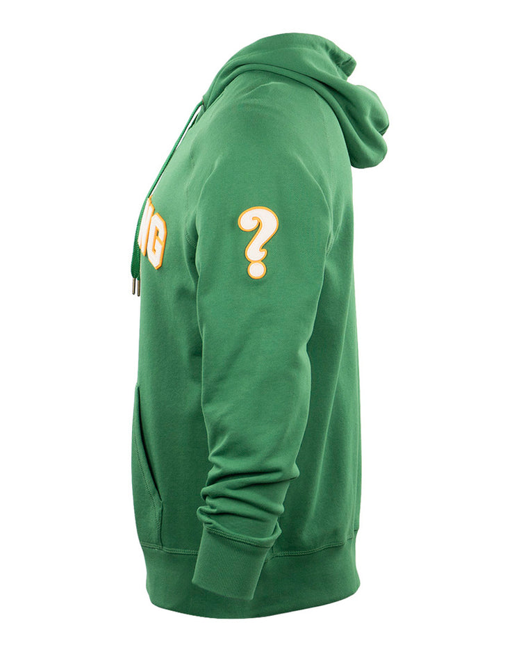 The EFF Clearing Question Marks French Terry Script Hooded Sweatshirt is green with a side view, featuring a yellow and white question mark on the sleeve and partial yellow script on the chest—ideal for Clearing softball fans.