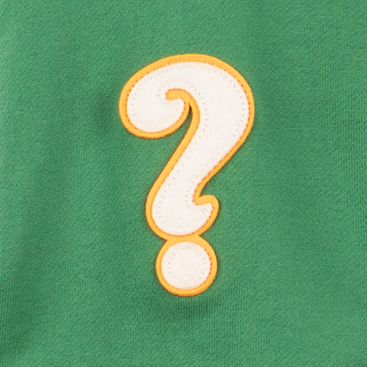 The Clearing Question Marks French Terry Script Hooded Sweatshirt by EFF features a large white question mark outlined in yellow on green, honoring Chicago stadium history and the Home of the Question Marks.