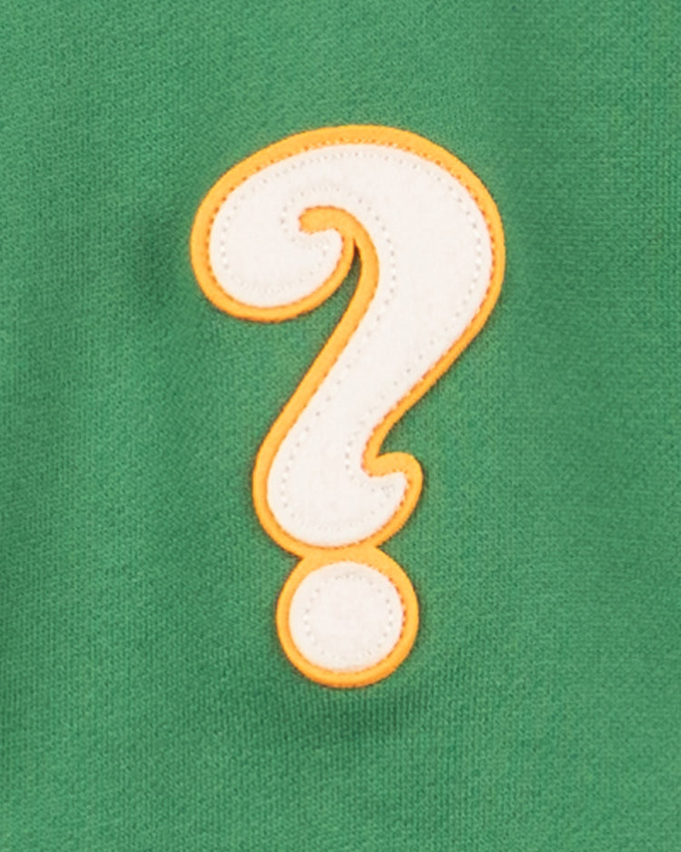 The Clearing Question Marks French Terry Script Hooded Sweatshirt by EFF features a large white question mark outlined in yellow on green, honoring Chicago stadium history and the Home of the Question Marks.
