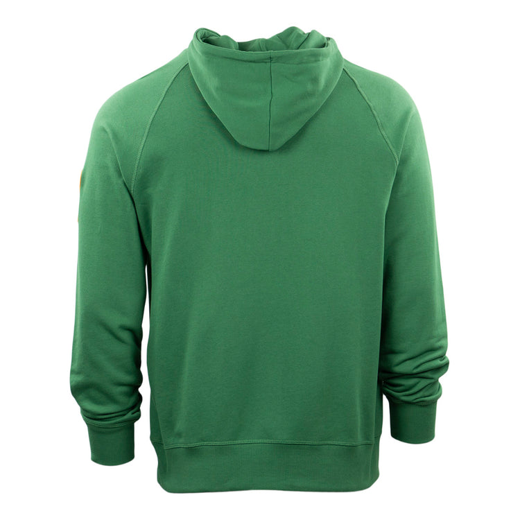 The EFF Clearing Question Marks French Terry Script Hooded Sweatshirt is shown from the back in plain green with long sleeves, ribbed cuffs and hem, and a raised hood. No logos or patterns are visible—ideal for fans of Chicago stadium history.