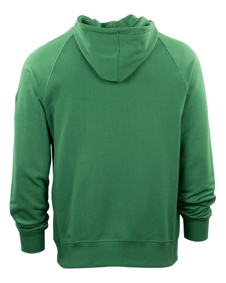 The EFF Clearing Question Marks French Terry Script Hooded Sweatshirt is shown from the back in plain green with long sleeves, ribbed cuffs and hem, and a raised hood. No logos or patterns are visible—ideal for fans of Chicago stadium history.