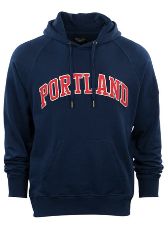 The EFF Portland Beavers French Terry Script Hooded Sweatshirt is a navy blue hoodie with a front pocket and bold PORTLAND lettering, honoring the legacy of the Portland Beavers in Pacific Coast League history.