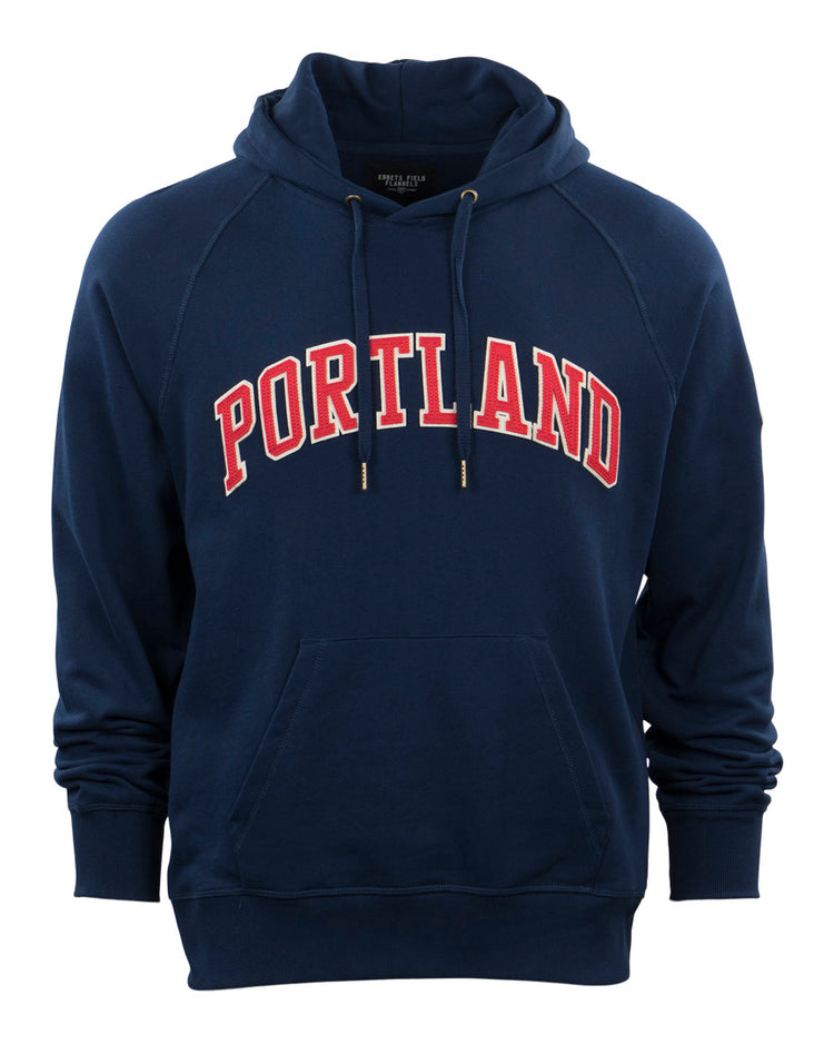 The EFF Portland Beavers French Terry Script Hooded Sweatshirt is a navy blue hoodie with a front pocket and bold PORTLAND lettering, honoring the legacy of the Portland Beavers in Pacific Coast League history.