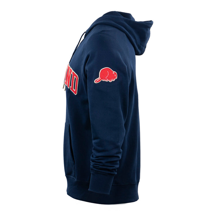 The EFF Portland Beavers French Terry Script Hooded Sweatshirt features a navy blue color, red beaver logo on the sleeve, and “Portland Beavers” script on the chest—a tribute to the legendary Pacific Coast League team.