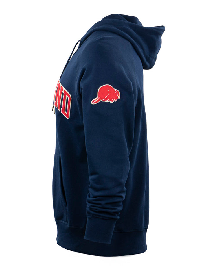 The EFF Portland Beavers French Terry Script Hooded Sweatshirt features a navy blue color, red beaver logo on the sleeve, and “Portland Beavers” script on the chest—a tribute to the legendary Pacific Coast League team.