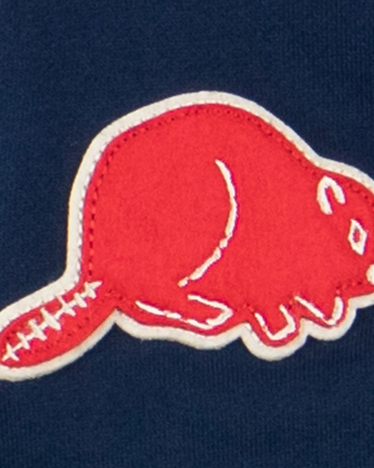 The EFF Portland Beavers French Terry Script Hooded Sweatshirt features a red beaver patch with white outlines, inspired by the Portland Beavers and Pacific Coast League, sewn onto dark blue fabric.