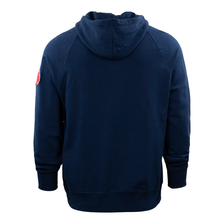 The EFF Portland Beavers French Terry Script Hooded Sweatshirt is a navy blue hoodie shown from the back, featuring long sleeves and a small red patch on the upper left sleeve, with a classic design inspired by the Pacific Coast League team.