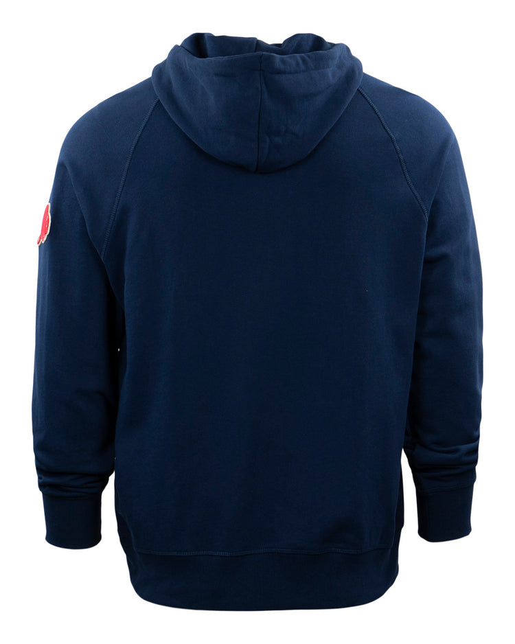 The EFF Portland Beavers French Terry Script Hooded Sweatshirt is a navy blue hoodie shown from the back, featuring long sleeves and a small red patch on the upper left sleeve, with a classic design inspired by the Pacific Coast League team.