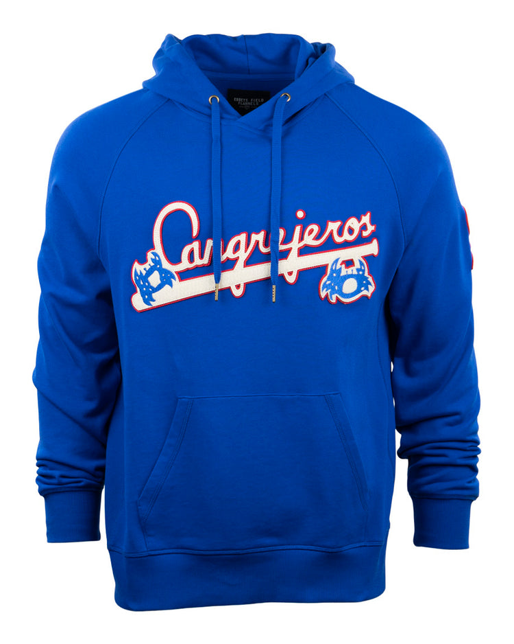The EFF Santurce Cangrejeros French Terry Script Hooded Sweatshirt in royal blue features Cangrejeros in red and white script, crab and telephone graphics, a front pocket, and honors the legendary Puerto Rican League.