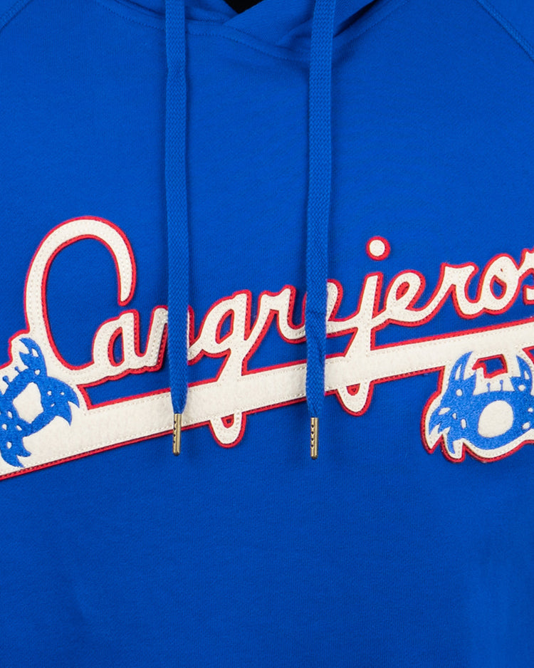 The EFF Santurce Cangrejeros French Terry Script Hooded Sweatshirt in royal blue features Cangrejeros in white and red script across a baseball bat with two crab logos, honoring the Puerto Rican League spirit.
