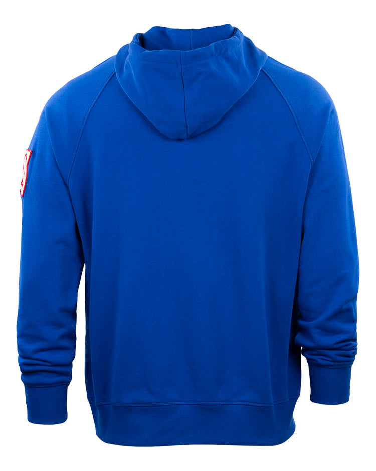 The EFF Santurce Cangrejeros French Terry Script Hooded Sweatshirt in royal blue features long sleeves, ribbed cuffs, a hood, and a small red and white patch on the left upper arm—honoring Roberto Clemente of the Puerto Rican League.