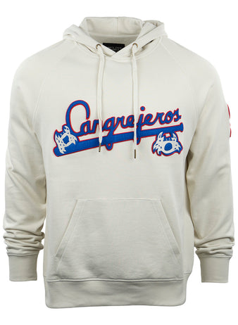 The EFF Santurce Cangrejeros French Terry Script Hooded Sweatshirt in natural features a front pocket, Cangrejeros in blue and red script across the chest, and Puerto Rican League-inspired bat and glove graphics.