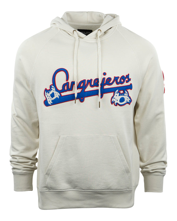 The EFF Santurce Cangrejeros French Terry Script Hooded Sweatshirt in natural features a front pocket, Cangrejeros in blue and red script across the chest, and Puerto Rican League-inspired bat and glove graphics.