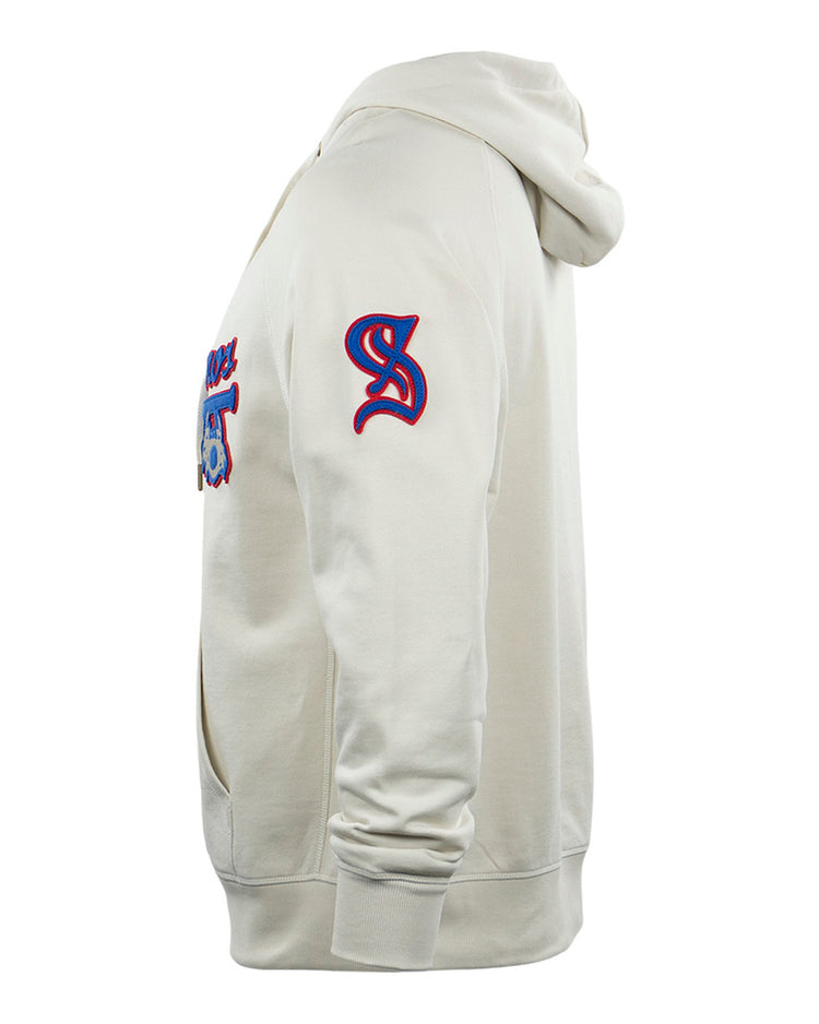 Side view of the EFF Santurce Cangrejeros French Terry Script Hooded Sweatshirt in natural, featuring a front pocket, blue and red S patch on the sleeve, and graphic back text inspired by Puerto Rican League legends like Roberto Clemente.