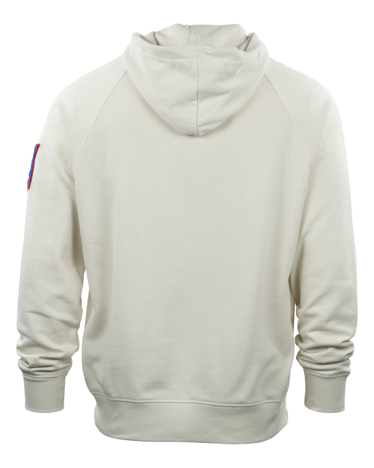 The EFF Santurce Cangrejeros French Terry Script Hooded Sweatshirt in Natural features a relaxed fit, long sleeves, ribbed cuffs and hem, and a small colorful Puerto Rican League patch on the upper left arm. Back view shown.