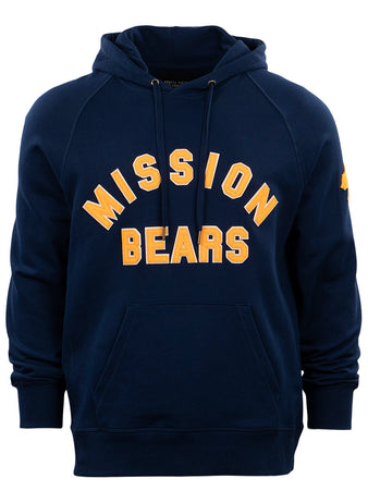 The EFF Mission Bears French Terry Script Hooded Sweatshirt features MISSION BEARS in bold yellow across the chest, a front pocket, left sleeve emblem, and pays tribute to rivals like the Vernon Tigers.