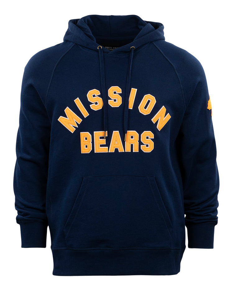 The EFF Mission Bears French Terry Script Hooded Sweatshirt features MISSION BEARS in bold yellow across the chest, a front pocket, left sleeve emblem, and pays tribute to rivals like the Vernon Tigers.