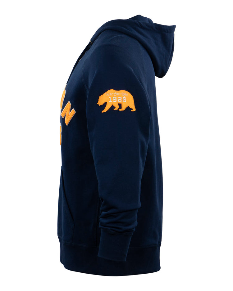 The EFF Mission Bears French Terry Script Hooded Sweatshirt in navy features a yellow Mission Bears graphic and 1868 on the upper arm, with yellow script partially visible on the chest. Shown from the side.