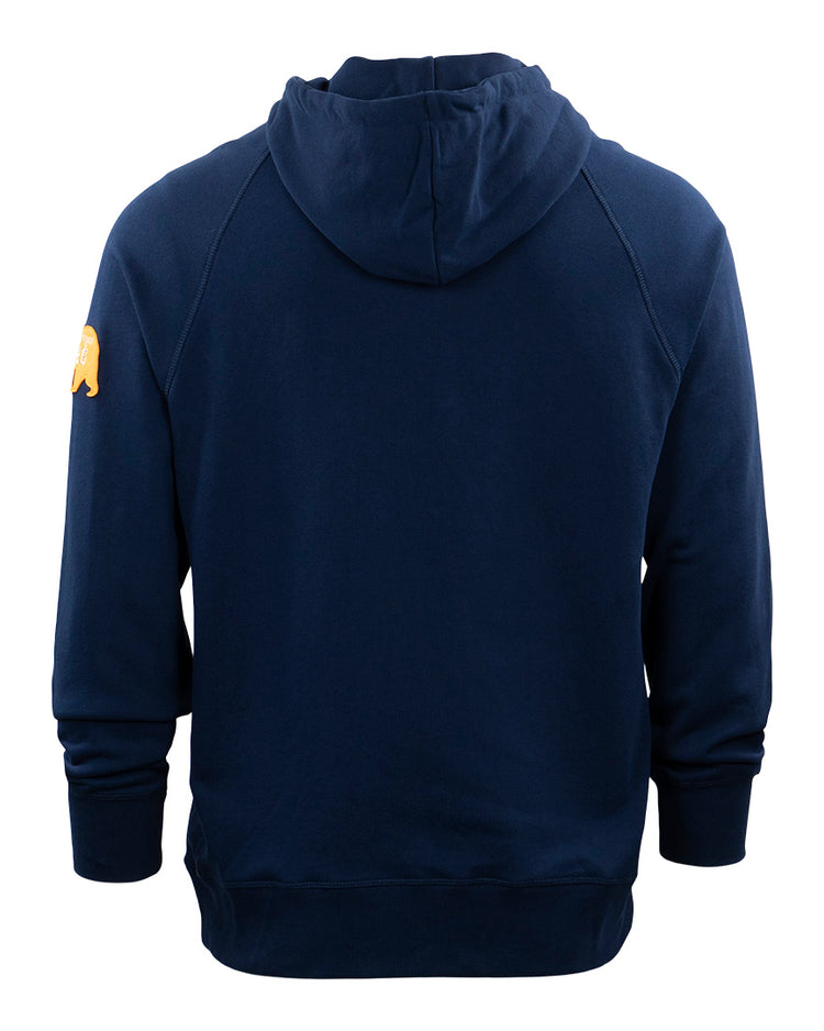 The EFF Mission Bears French Terry Script Hooded Sweatshirt in navy blue is shown from the back, featuring long sleeves and a small yellow Mission Bears logo on the upper left arm.