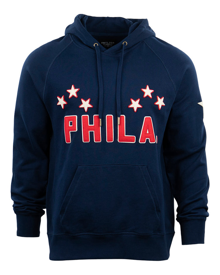 The EFF Philadelphia Stars French Terry Script Hooded Sweatshirt features PHILA in bold red letters, five NNL-inspired white stars above, a navy blue color, and a front pouch pocket.