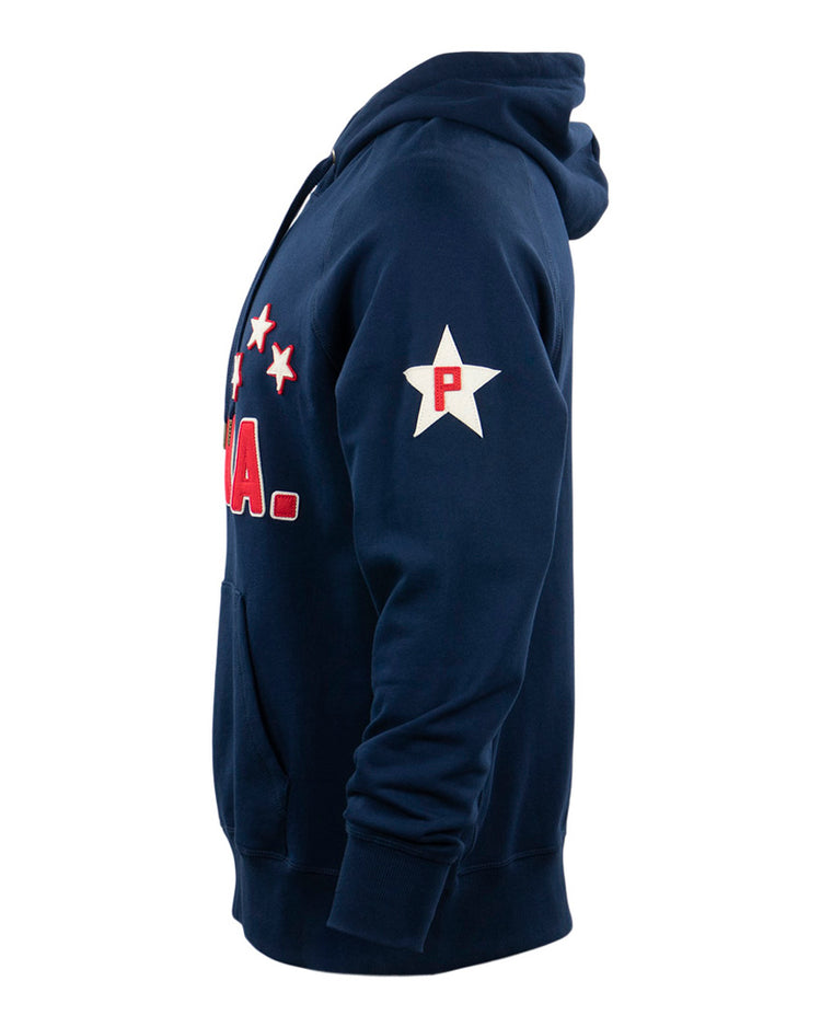 The EFF Philadelphia Stars French Terry Script Hooded Sweatshirt in navy, inspired by Ed Bolden’s Hilldale Club and NNL wins, features red and white stars, a P on the sleeve, front pocket, ribbed cuffs, and hem.