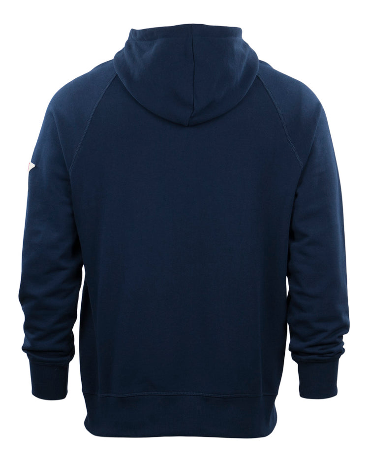 The EFF Philadelphia Stars French Terry Script Hooded Sweatshirt is shown from the back in navy, featuring long sleeves, ribbed cuffs, a relaxed fit, and an upturned hood with no visible logos or designs on the back.