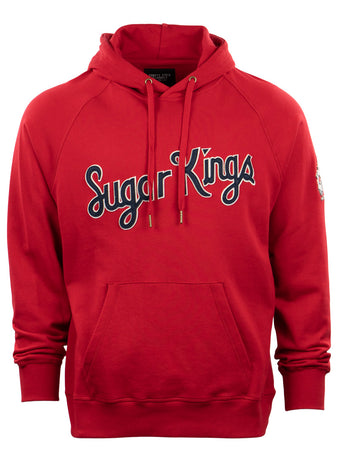 The EFF Havana Sugar Kings French Terry Script Hooded Sweatshirt is red with Sugar Kings in white and blue script on the chest, honoring Havana baseball. It includes a front pocket, drawstrings, and a left sleeve patch.