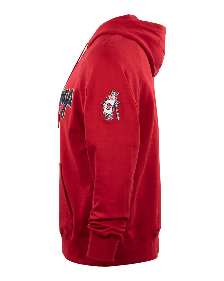 The EFF Havana Sugar Kings French Terry Script Hooded Sweatshirt in red is shown from the side, featuring a king cartoon graphic on the sleeve and partially visible black “Havana” baseball script with a crown on the front.