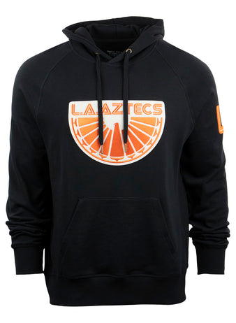 The EFF Los Angeles Aztecs French Terry Script Hooded Sweatshirt is a black hoodie with a front pocket, bold orange and white sunburst logo, and a small orange patch on the left sleeve—honoring the iconic NASL era.