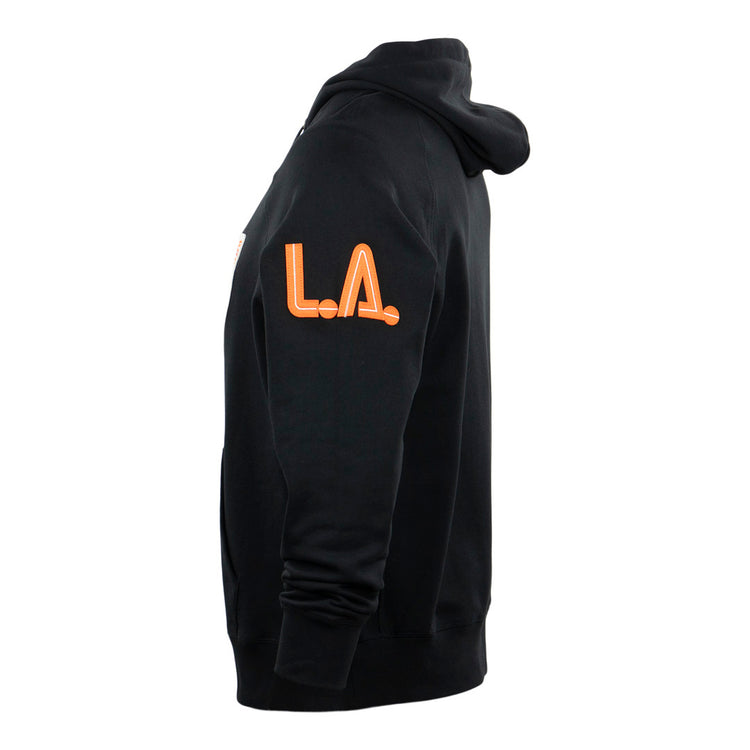 The EFF Los Angeles Aztecs French Terry Script Hooded Sweatshirt in black features bold orange L.A. lettering on the upper sleeve—a subtle tribute to the iconic NASL team.