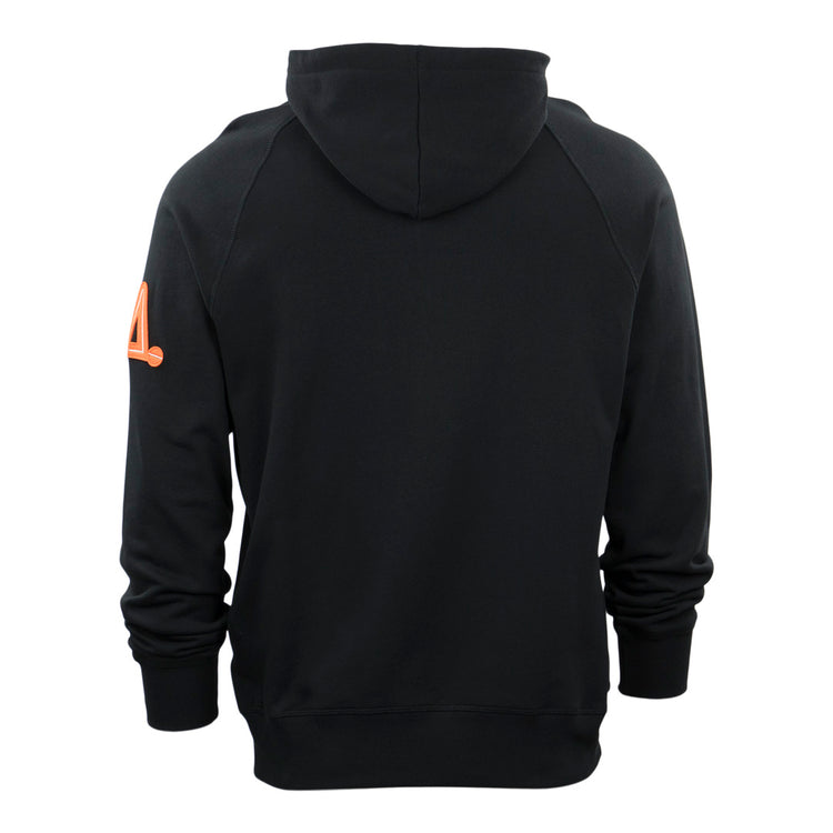 The EFF Los Angeles Aztecs French Terry Script Hooded Sweatshirt is black with long sleeves and an orange Aztecs logo on the upper left sleeve, inspired by their North American Soccer League era.