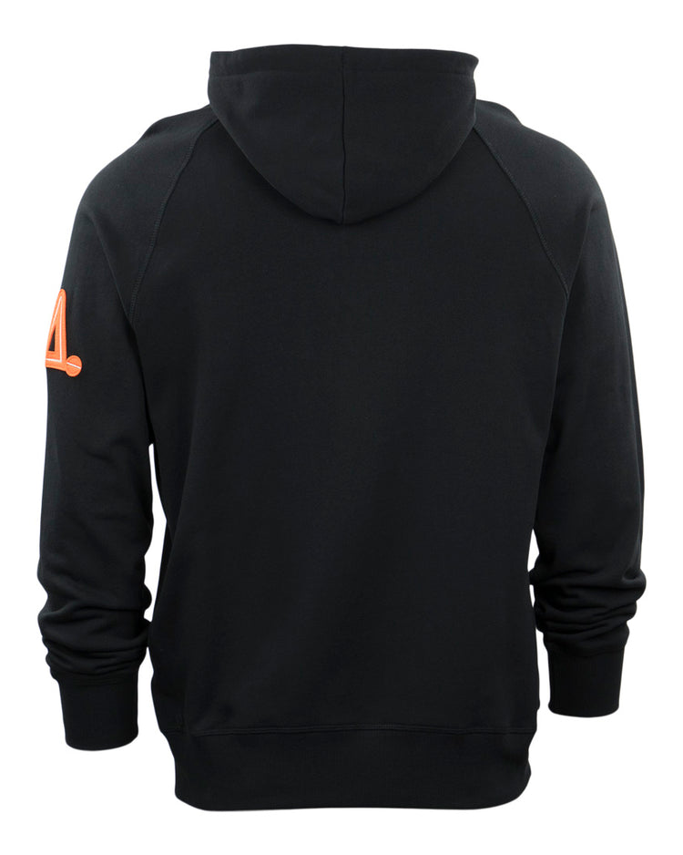 The EFF Los Angeles Aztecs French Terry Script Hooded Sweatshirt is black with long sleeves and an orange Aztecs logo on the upper left sleeve, inspired by their North American Soccer League era.