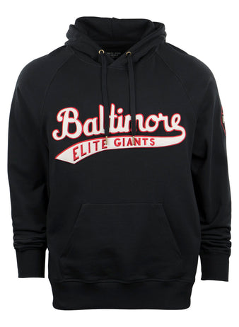 The EFF Baltimore Elite Giants French Terry Script Hooded Sweatshirt features Baltimore Elite Giants in red and white script across the chest, honoring Jim Gilliam and the 1949 team, with a front kangaroo pocket.