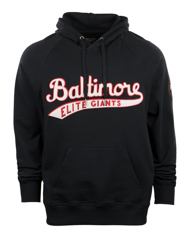The EFF Baltimore Elite Giants French Terry Script Hooded Sweatshirt features Baltimore Elite Giants in red and white script across the chest, honoring Jim Gilliam and the 1949 team, with a front kangaroo pocket.